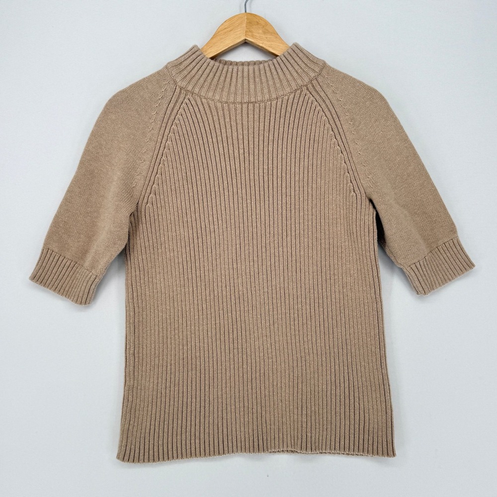 Lands End Short Sleeve Sweater Womens Large Tan Ribbed Mock Neck Quiet Luxury